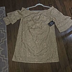 Boston Proper Off-Shoulder Lace Mini Dress in Gold